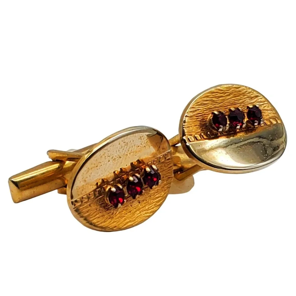 Red Glass Stones Oval Cufflinks Gold Tone Brushed Polished Suit Accessory MCM